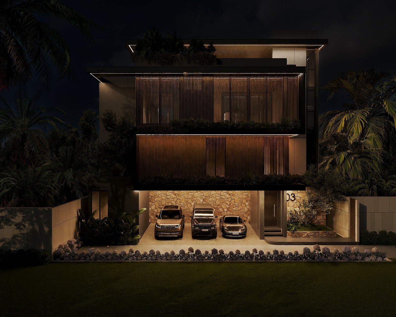 Night exterior — warm glow through the timber screen