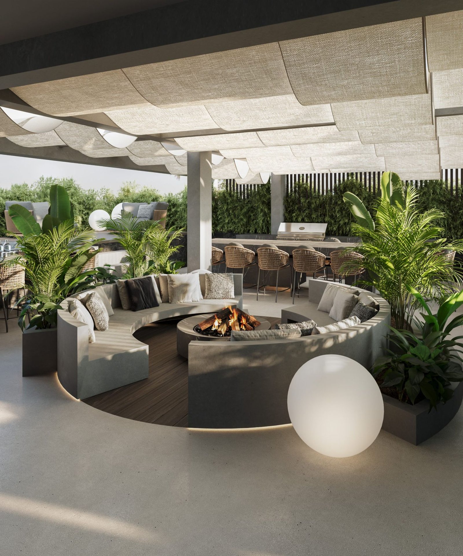 4th-floor view — enclave rooftops, skyline, sea taking the sun